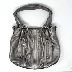 B. Makowsky Silver Metallic Leather Hobo Shoulder Bag Purse Leopard Lining VTG